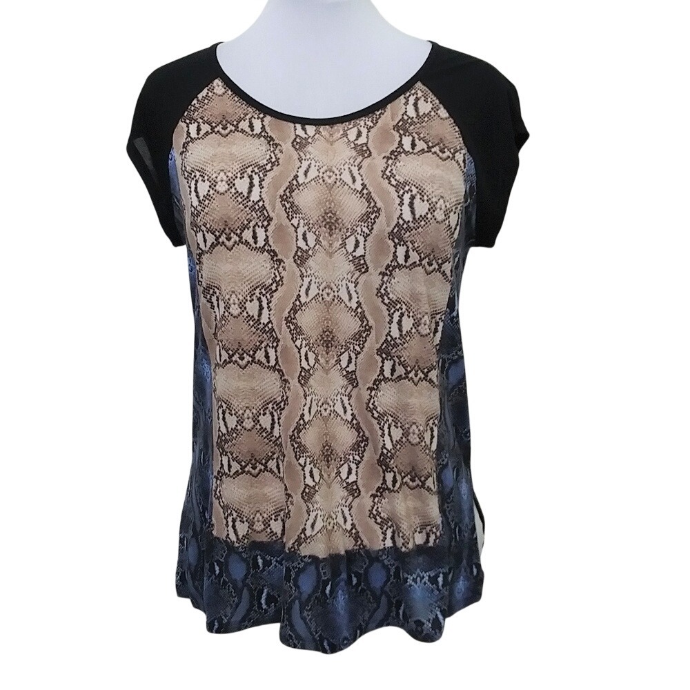 BCBGMAXAZRIA Womens Snakeskin Print High-Low Blouse Blue Tan Black Size M